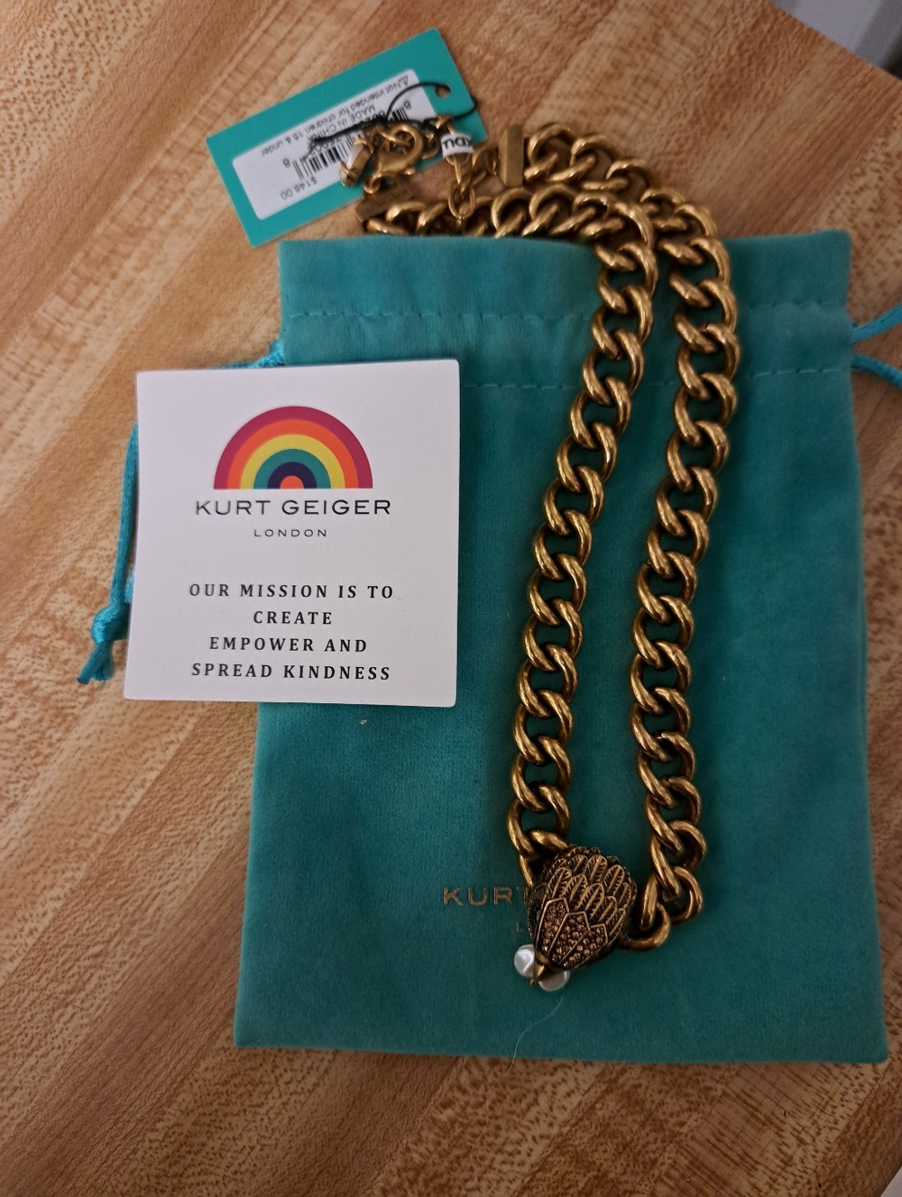 Kurt Geiger Gold-Tone Chunky Chain Necklace with Teal Pouch